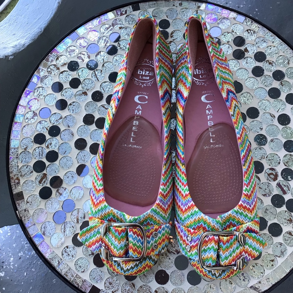 Jeffrey Campbell Ibiza Last Flapper Multicolor Chevron Ballet Flats with Buckle